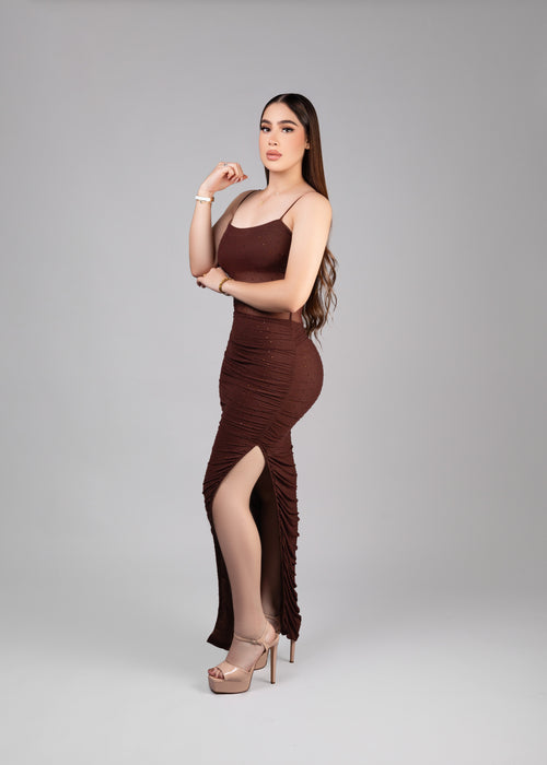 VESTIDO TIRANTES CAFÉ PIEDRAS